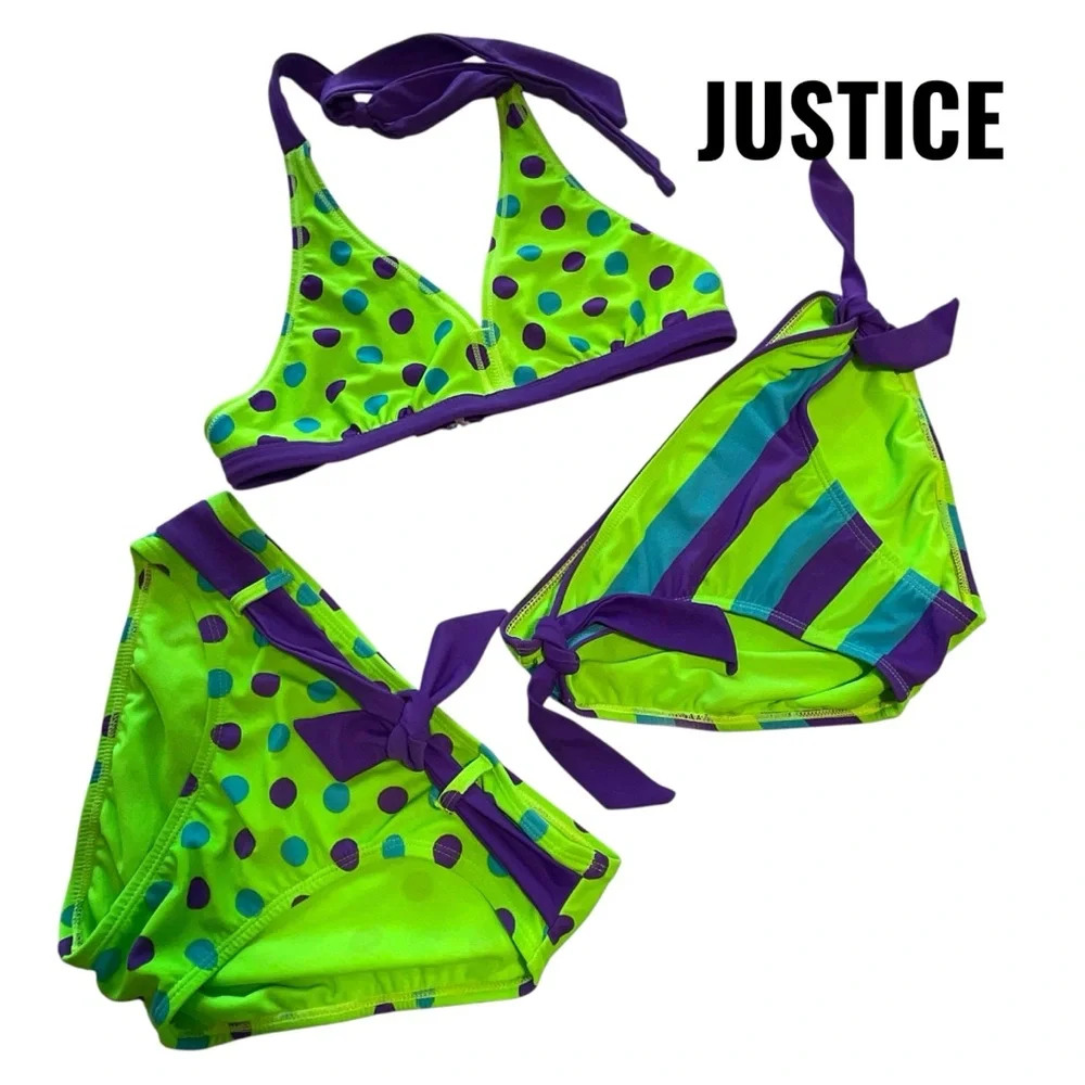 Justice Kids Swim Size 12, 2 Bikini Reversible top - Green and Purple